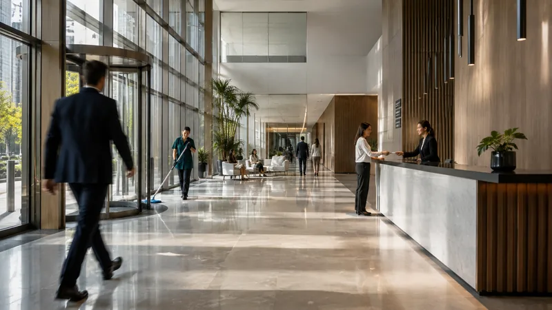 Lobby corporativo em movimento, com recepção, limpeza e circulação de pessoas ao mesmo tempo