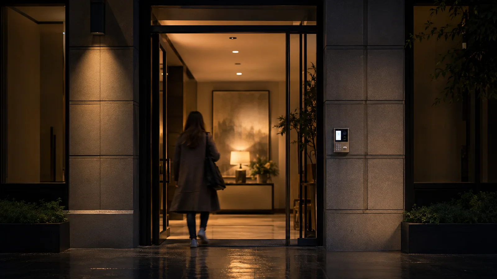 Entrada de edifício à noite vista da rua, com leitor de acesso aceso e morador entrando