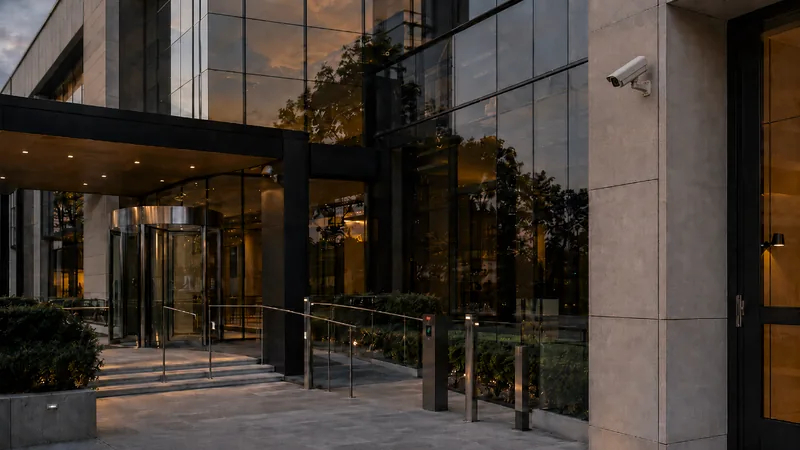 Fachada corporativa ao entardecer com câmeras e sensores integrados à arquitetura
