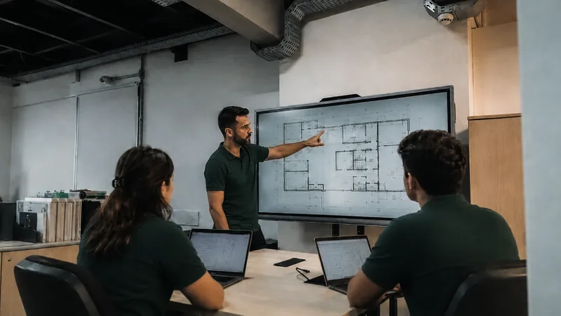 Equipe do Grupo Belfort analisando a planta de um cliente para elaborar o Plano de Segurança